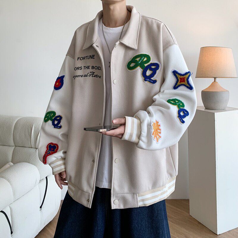 情侣新款大码宽松翻领贴标棒球服夹克外套港风男J835P98控138,男装夹克,电商A029