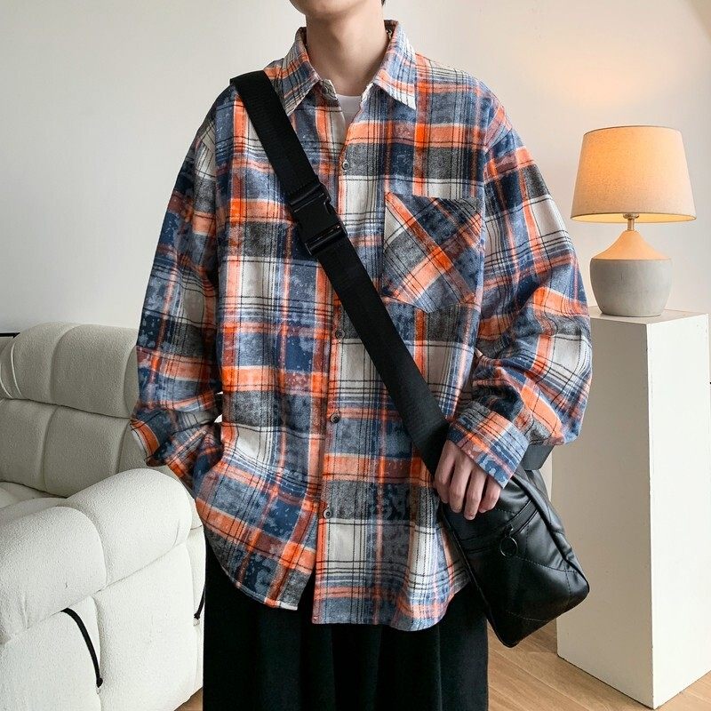 新款高街时尚港风印花风格格子长袖衬衫衬衣男C620P55控78，男装衬衫，电商A029