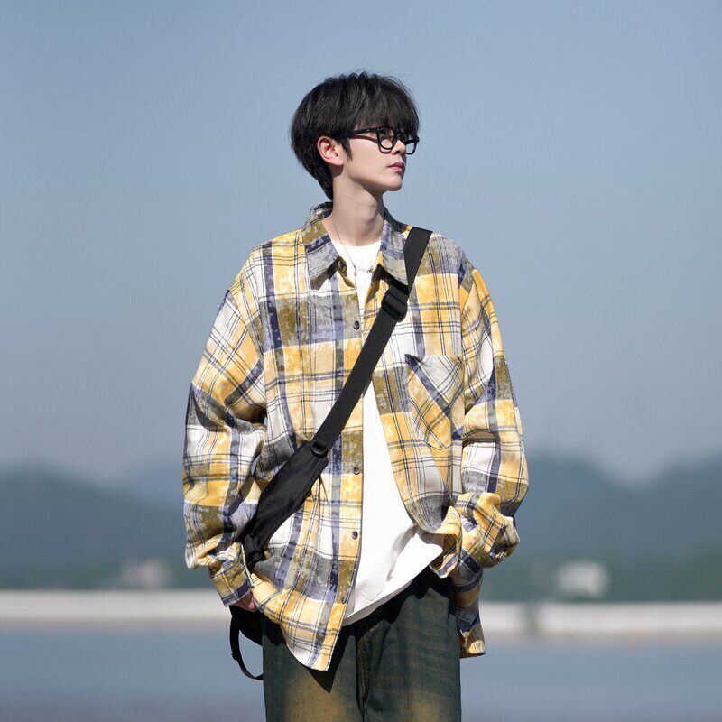 相机片高街时尚港风印花风格格子长袖衬衫衬衣男C620P55控78,男装衬衫,电商A029