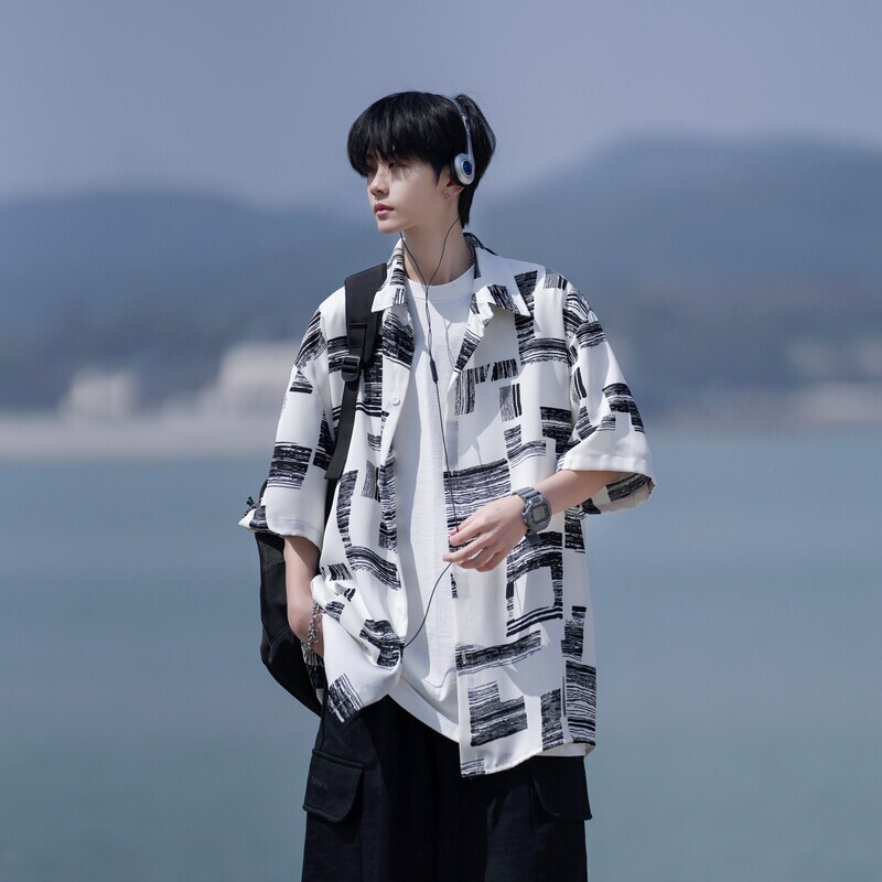 夏季相机片港风大码外景短袖衬衫花衬衣条纹衬衫 C609 P40 控58图片