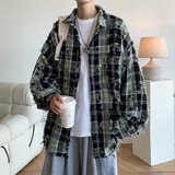 24冬新款港风大码破洞格子长袖衬衫衬衣外套男C626P78控108，男装衬衫，电商A029