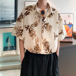夏二开冰丝港风大码复古碎花短袖衬衫花衬衣男C659 P40控58图片