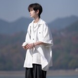 夏季二开港风大码冰丝拼接短袖衬衫纯色衬衣男C656P45控58，男装T恤，电商A029