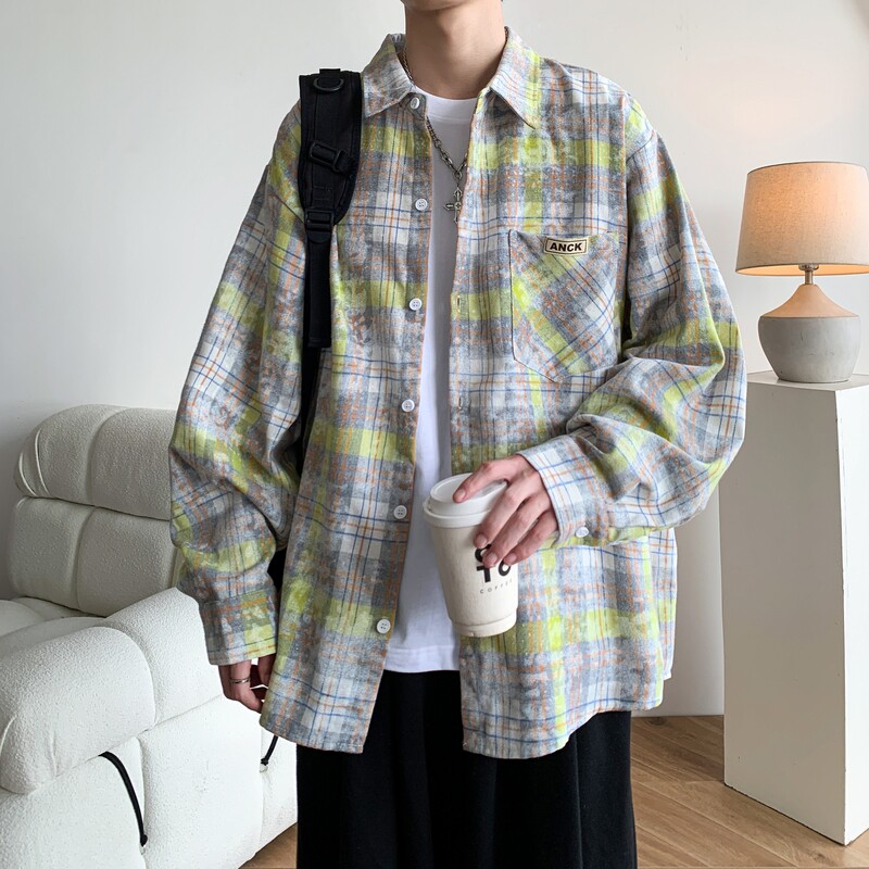 2025新款港风大码印花格子长袖衬衫衬衣男C621P55控78,男装衬衫,电商A029