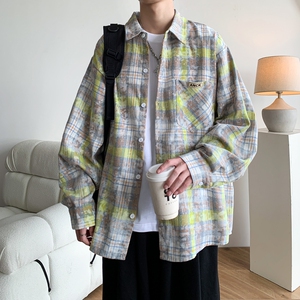 2025新款港风大码印花格子长袖衬衫衬衣男C621P55控78
