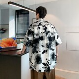 酒店风夏冰丝二开港风大码复古碎花短袖衬衫花衬衣男C658P40控58，男装T恤，电商A029