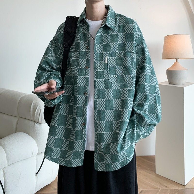 内景牛仔风港风大码宽松印花格子长袖衬衫衬衣男C623P60控88，男装衬衫，电商A029