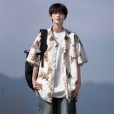 东亚风夏二开冰丝港风大码复古碎花短袖衬衫花衬衣男C659P40控58，男装T恤，电商A029