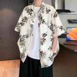 酒店风夏二开冰丝港风大码复古碎花衬衫花衬衣男C659P40控58，男装衬衫，电商A029