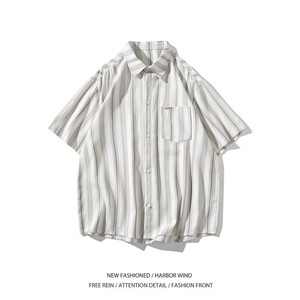 夏季新款白底平铺大码条纹短袖衬衫衬衣男C653P45控58