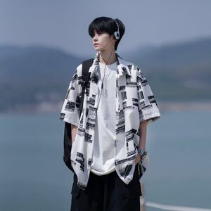 夏季相机片港风大码外景短袖衬衫花衬衣条纹衬衫 C609 P40 控58图片