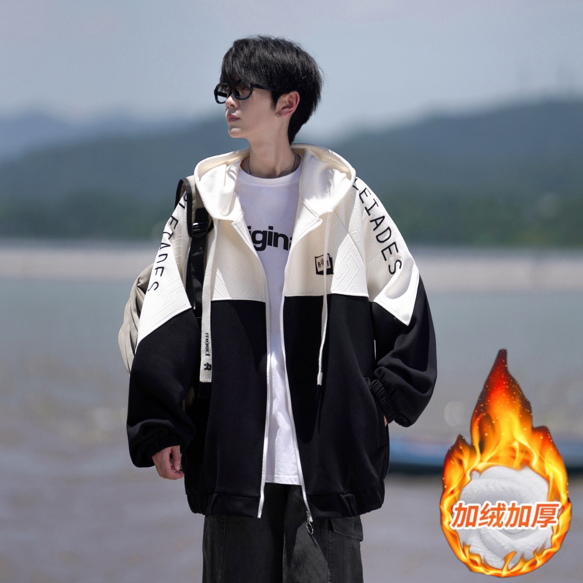 相机片加绒加厚撞色绣花大码港风拼接卫衣时尚外套男V906jmP80，男装卫衣，电商A029