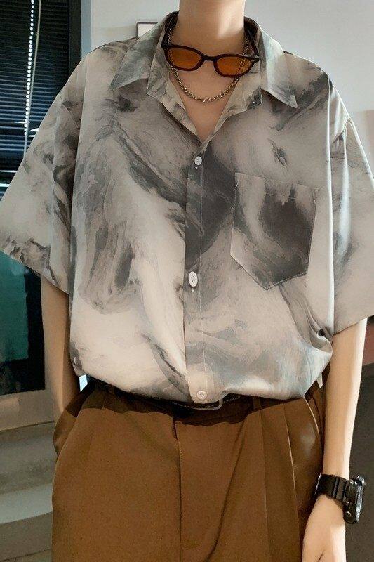 新款冰丝速干轻熟店主风痞帅港风花短袖衬衫大码C615P40控58,男装T恤,电商A029