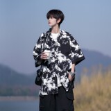 夏二开冰丝港风大码撞色复古花短袖衬衫花衬衣男C657P40控58，男装T恤，电商A029