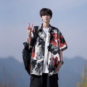 南亚风夏冰丝二开港风大码复古碎花短袖衬衫花衬衣男C658 P40控58，男装T恤，电商A029