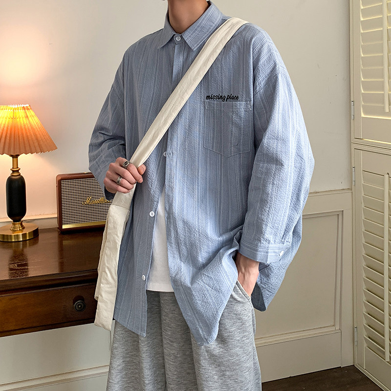 夏高端时尚大码港风七分袖衬衫特殊面料条纹衬衣男C20P48控68,男装衬衫,电商A029