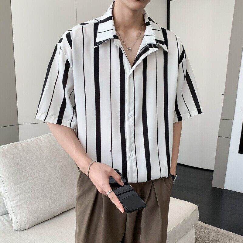 新款条纹男冰丝速干轻熟店主风痞帅短袖衬衫大码C613P40控58,男装T恤,电商A029