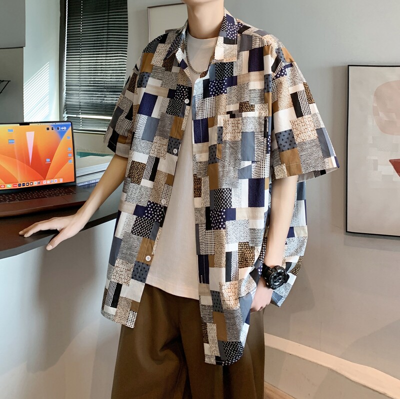东南亚风男士轻熟店主风痞帅港风短袖话衬衫大码C610P45控58,男装衬衫,电商A029