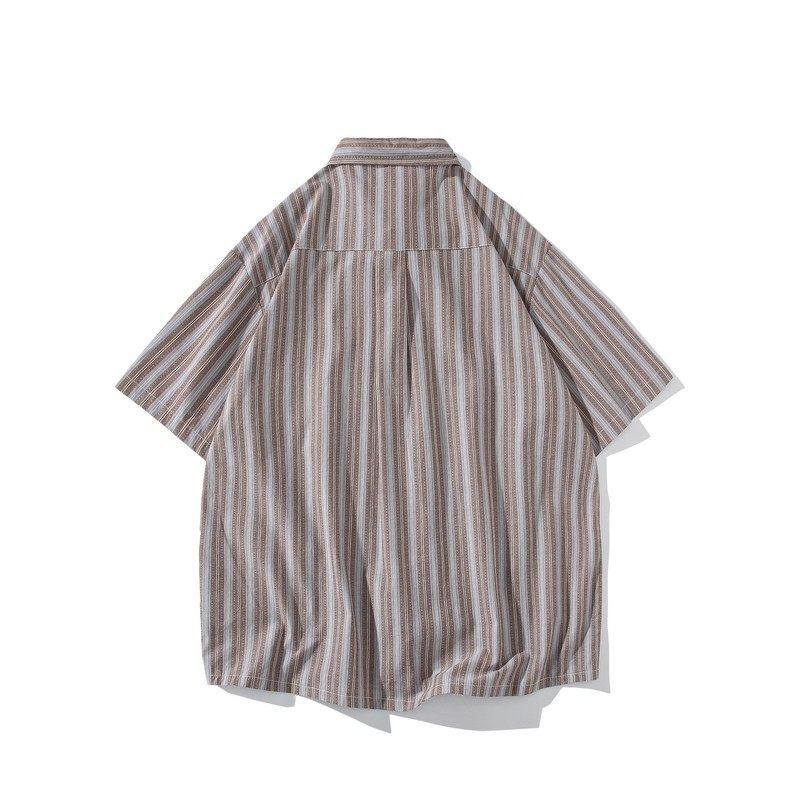 日系白底平铺大码新款男士短袖衬衫条纹衬衫男C605P45控58,男装T恤,电商A029