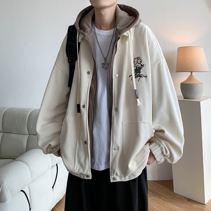 原创大码港风连帽假两件宽松棒球服夹克 外套 J853 P88控128图片