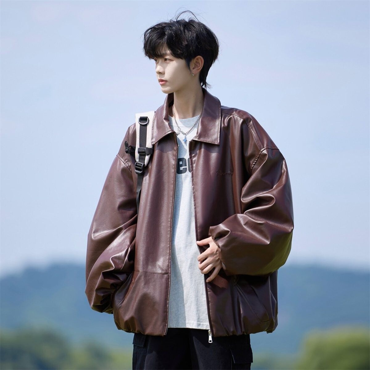 秋冬原创抖音港风大码大码皮衣皮夹克短外套男J860P78控128，男装夹克，电商A029
