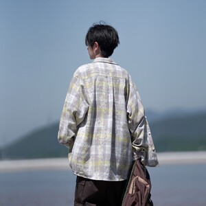 相机片新款港风大码印花格子长袖衬衫衬衣男 C621 P55 控78图片
