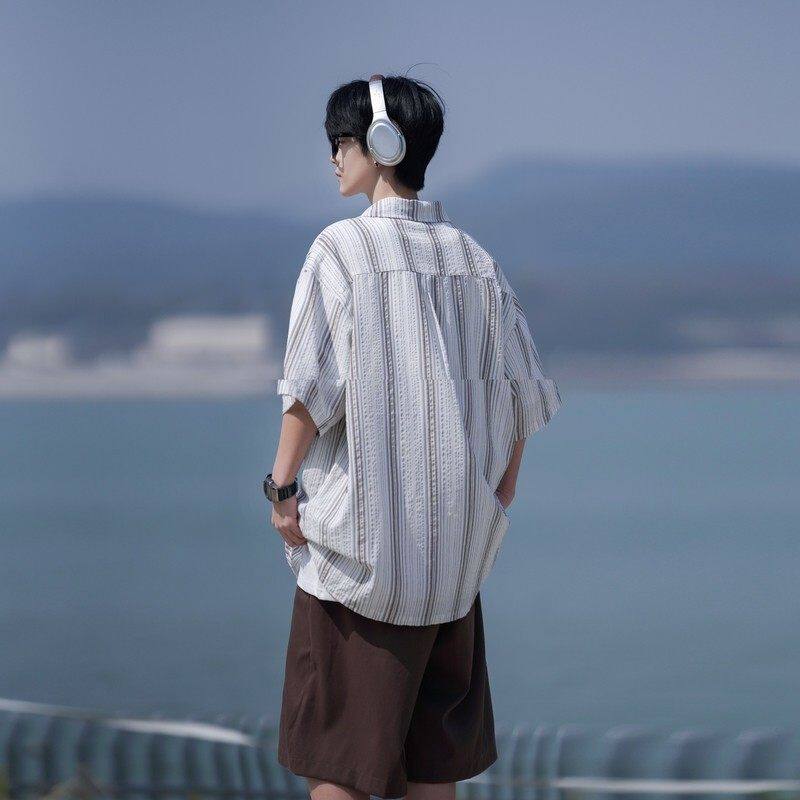 相机片新款港风大码男士短袖衬衫条纹衬衫男C616P45控58,男装T恤,电商A029