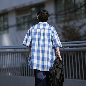 早起风格二开港风相机片大码格子短袖衬衫衬衣男C652 P45 控58图片