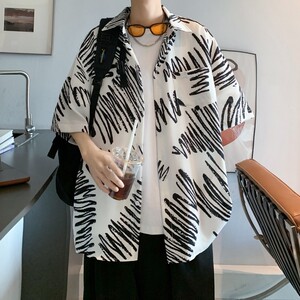新款港风士休闲轻熟店主风痞帅短袖衬衫大码花 C611 P40 控58图片