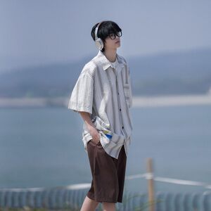 相机片新款港风大码男士短袖衬衫条纹衬衫男C616 P45 控58图片