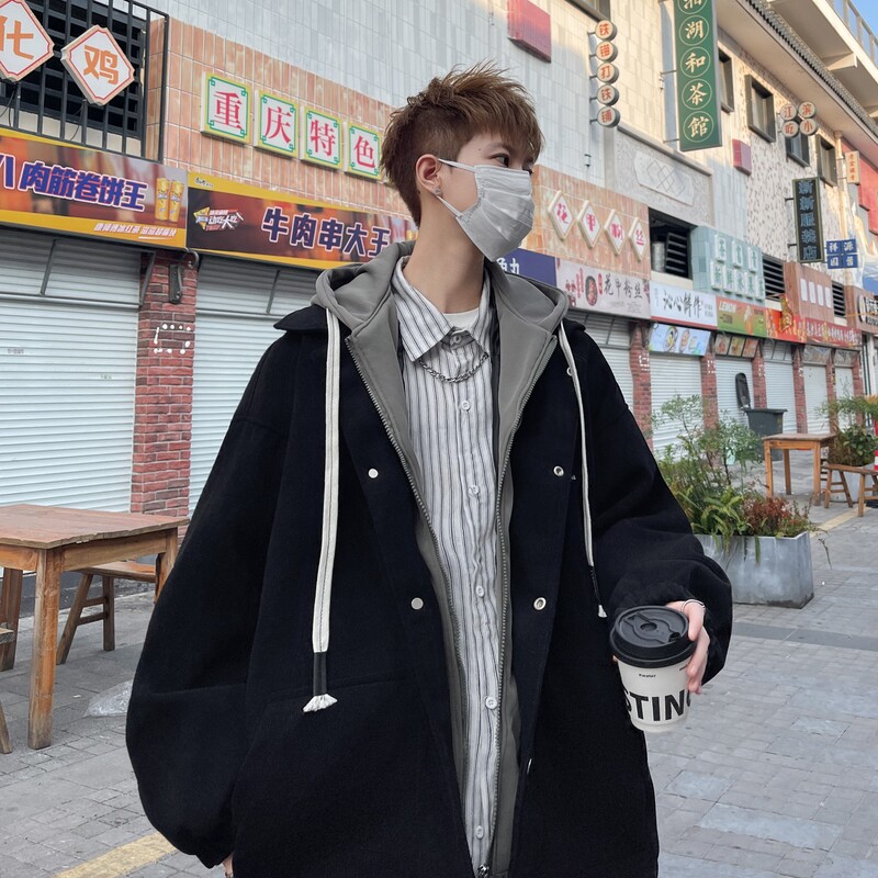 新款原创大码港风连帽假两件宽松棒球服夹克外套J853P88控128,男装夹克,电商A029