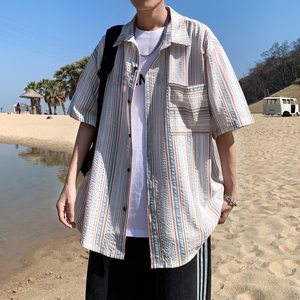 夏季外景新款港风大码男士短袖衬衫条纹衬衫男C616 P45 控58图片