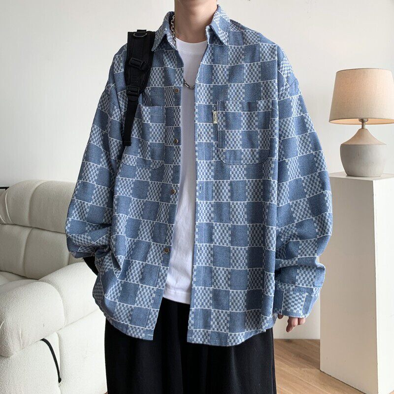 内景牛仔风港风大码宽松印花格子长袖衬衫衬衣男 C623 P60 控88图片