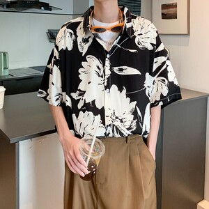 酒店风夏季冰丝港风大码复古碎花短袖衬衫花衬衣男C650 P40 控58图片