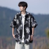 东亚风夏二开冰丝港风大码复古碎花短袖衬衫花衬衣男C659P40控58，男装T恤，电商A029