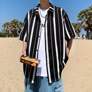 夏季新款港风大码条纹短袖衬衫男 C613 P40 控58图片