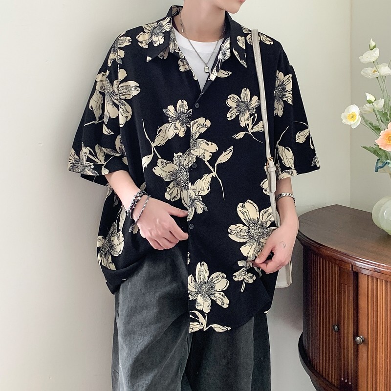 店主风二开港风大码复冰丝短袖花衬衫花衬衣男C636 P40 控58图片