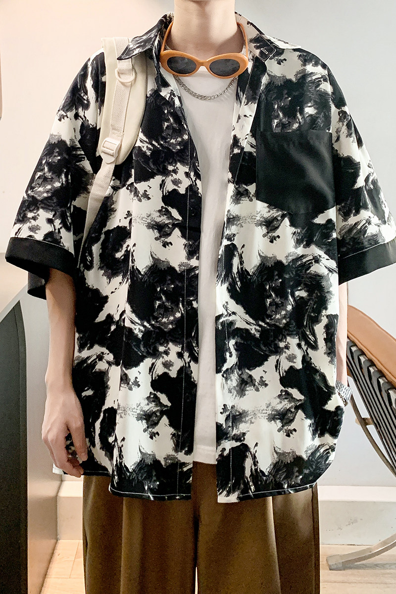 夏二开冰丝港风大码撞色复古短袖花衬衫花衬衣男C657P40控58,男装衬衫,电商A029