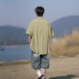 夏季小清新冰丝二开港风大码纯色短袖衬衫白衬衣男C655P35控48，男装T恤，电商A029
