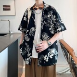 夏二开冰丝港风大码复古碎花短袖衬衫花衬衣男C659P40控58，男装T恤，电商A029