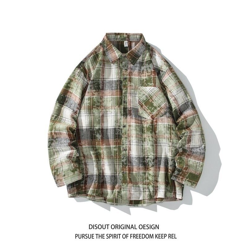 冬新款白底日系港风印花格子长袖衬衫男C620P55控78，男装衬衫，电商A029