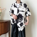 店主风夏季冰丝港风大码复古碎花短袖衬衫花衬衣男C650P40控58，男装T恤，电商A029