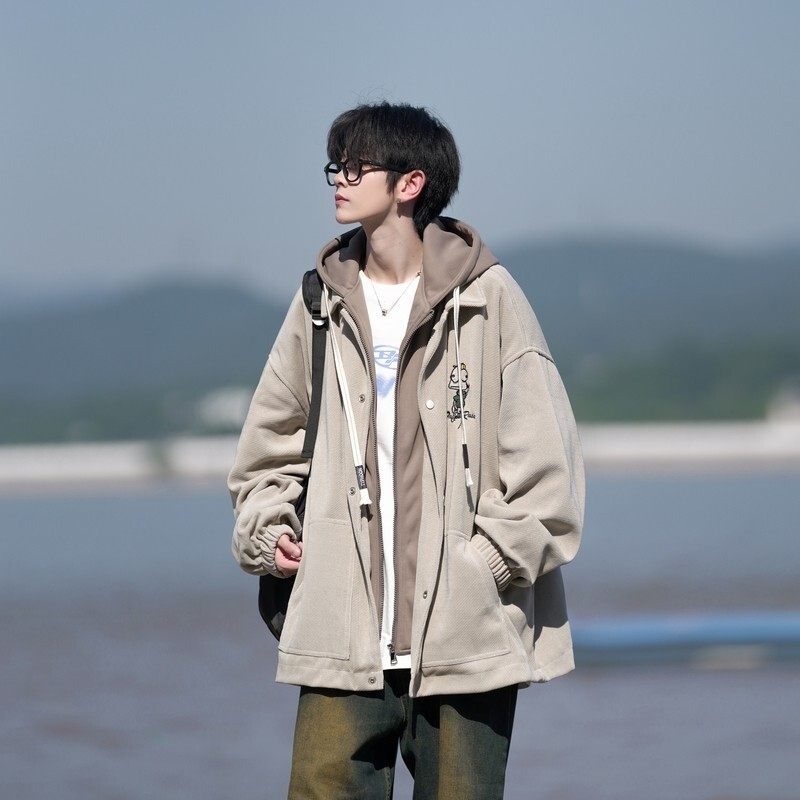 相机片原创大码港风连帽假两件宽松棒球服夹克外套J853P88控128，男装夹克，电商A029