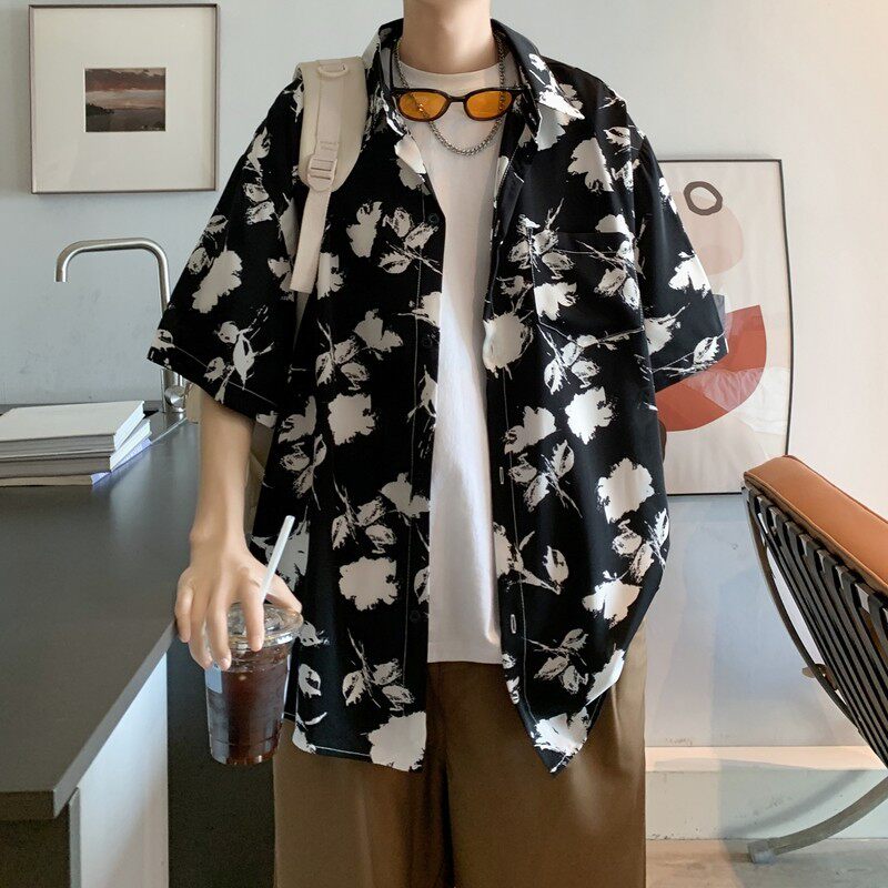 新款港风宽松冰丝轻熟店主风痞帅短袖衬衫大码C612P40控58,男装T恤,电商A029