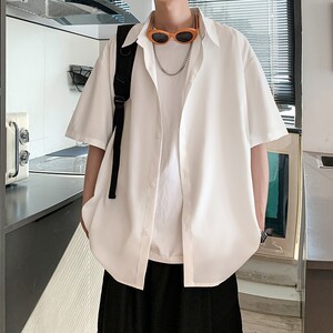 小清新冰丝二开港风大码纯色短袖衬衫白衬衣男 C655 P35 控48图片