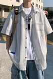 夏季外景新款港风大码男士短袖衬衫条纹衬衫男C616P45控58，男装T恤，电商A029