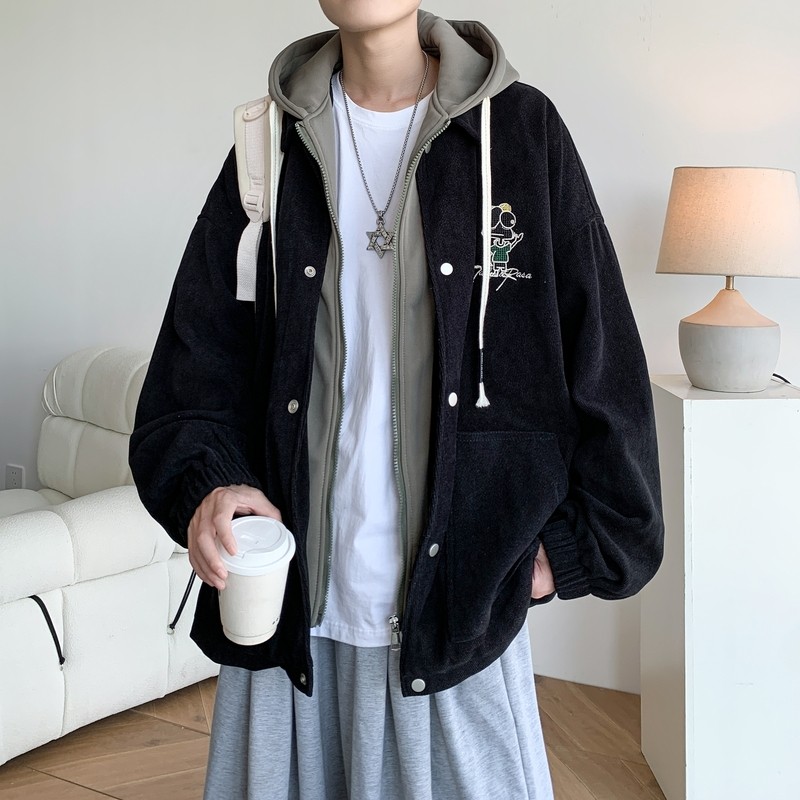 原创大码港风连帽假两件宽松棒球服夹克外套J853P88控128,男装夹克,电商A029