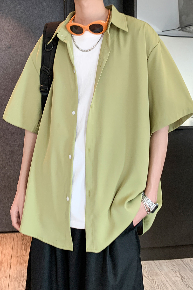 小清新冰丝二开港风大码纯色短袖衬衫白衬衣男C655P35控48,男装衬衫,电商A029