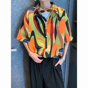 酒店风二开冰丝港风大码复古碎花短袖衬衫花衬衣男C651 P40 控58图片