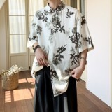 店主风夏二开冰丝港风大码复古碎花短袖衬衫花衬衣男C659P40控58，男装T恤，电商A029